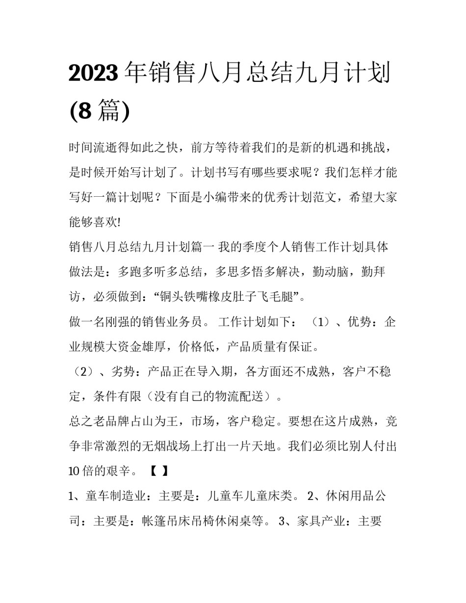 2023年销售八月总结九月计划(8篇)_第1页