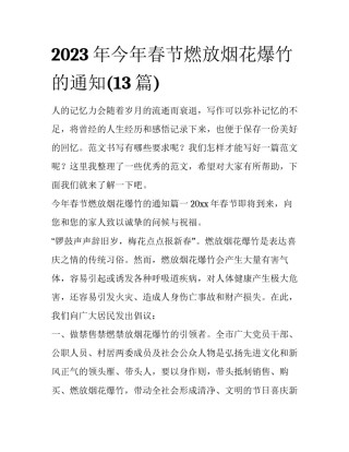2023年今年春节燃放烟花爆竹的通知(13篇)