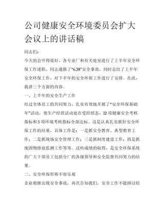 公司健康安全环境委员会扩大会议上的讲话稿