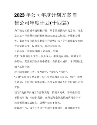 2023年公司年度计划方案 销售公司年度计划(十四篇)