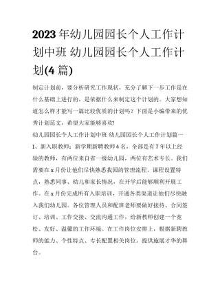 2023年幼儿园园长个人工作计划中班 幼儿园园长个人工作计划(4篇)