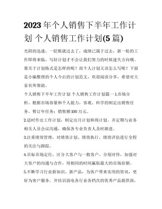 2023年个人销售下半年工作计划 个人销售工作计划(5篇)