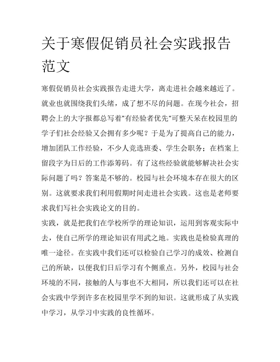 关于寒假促销员社会实践报告范文_第1页