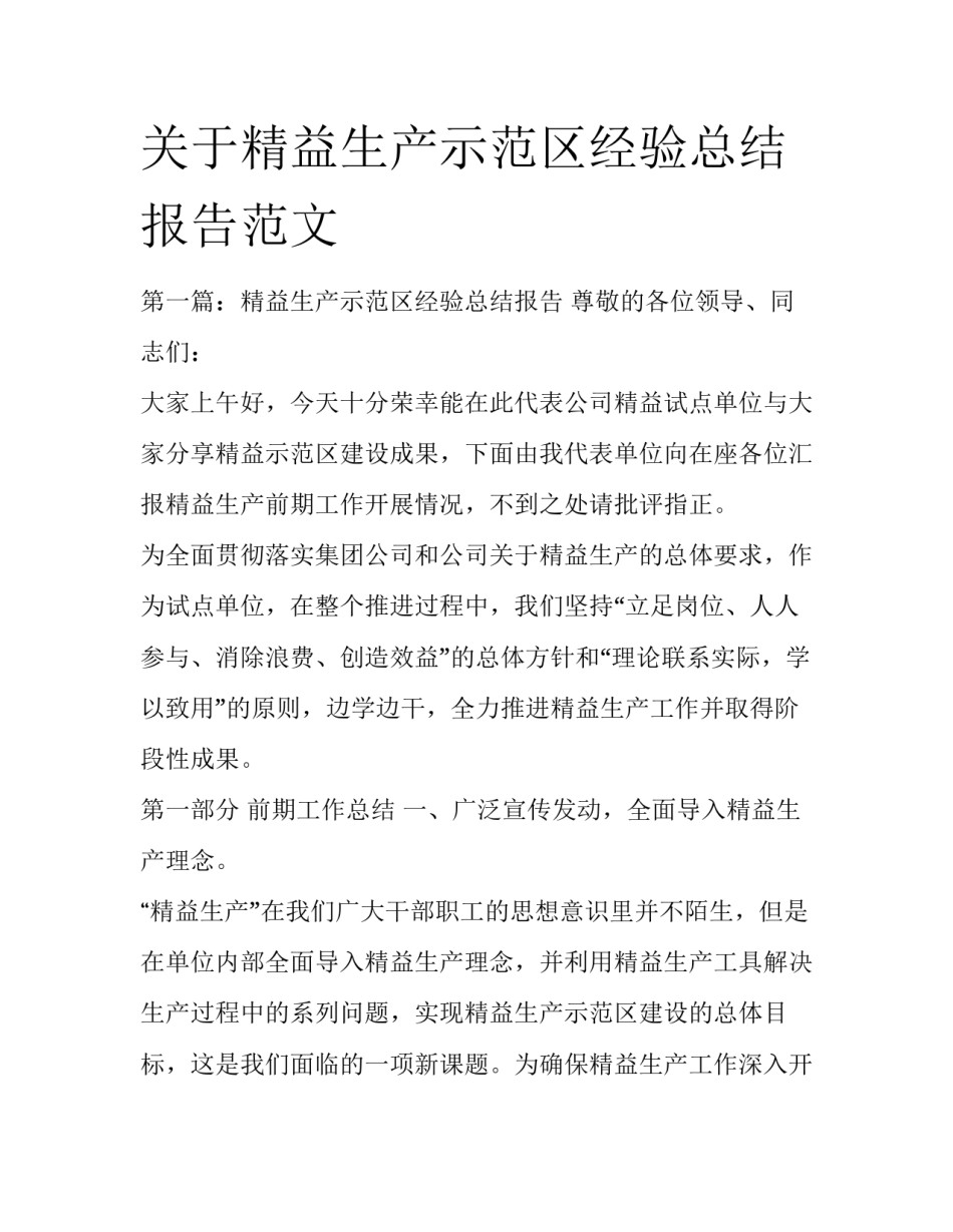 关于精益生产示范区经验总结报告范文_第1页
