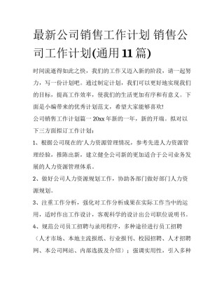 最新公司销售工作计划 销售公司工作计划(通用11篇)