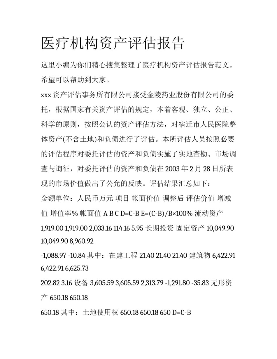 医疗机构资产评估报告_第1页
