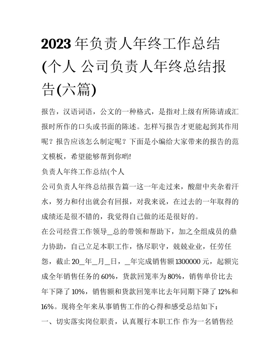 2023年负责人年终工作总结(个人 公司负责人年终总结报告(六篇)_第1页