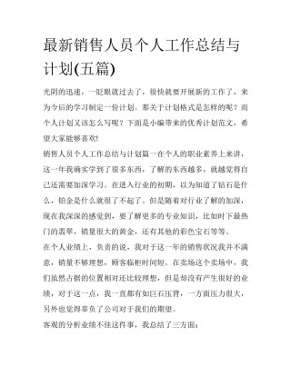 最新销售人员个人工作总结与计划(五篇)