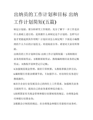 出纳员的工作计划和目标 出纳工作计划简短(五篇)