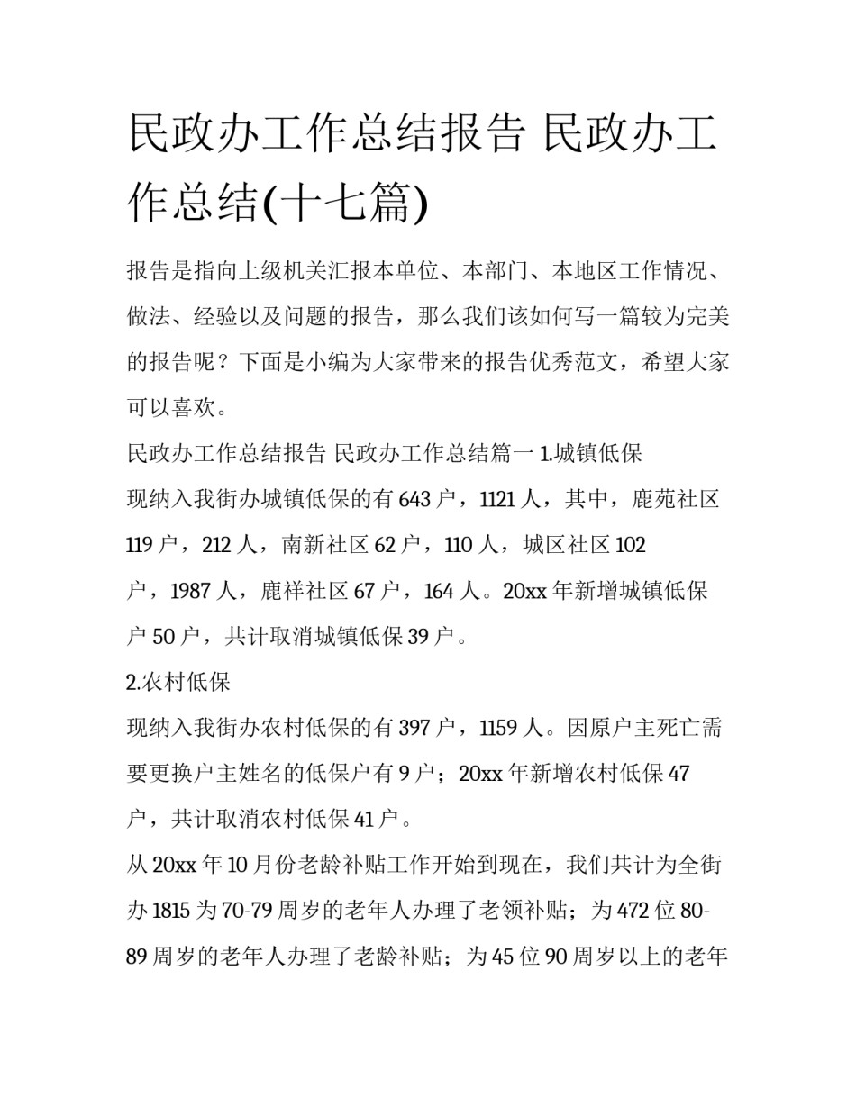 民政办工作总结报告 民政办工作总结(十七篇)_第1页