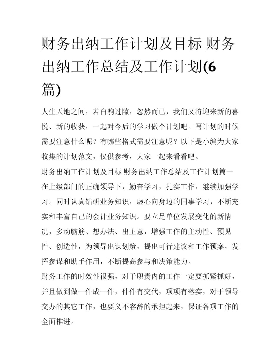 财务出纳工作计划及目标 财务出纳工作总结及工作计划(6篇)_第1页