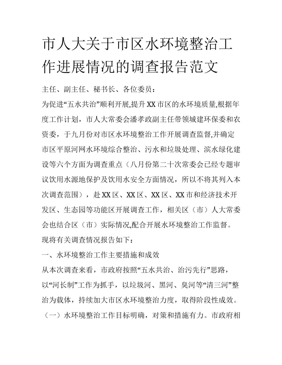 市人大关于市区水环境整治工作进展情况的调查报告范文_第1页