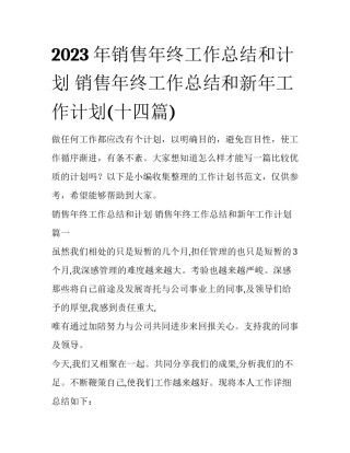 2023年销售年终工作总结和计划 销售年终工作总结和新年工作计划(十四篇)
