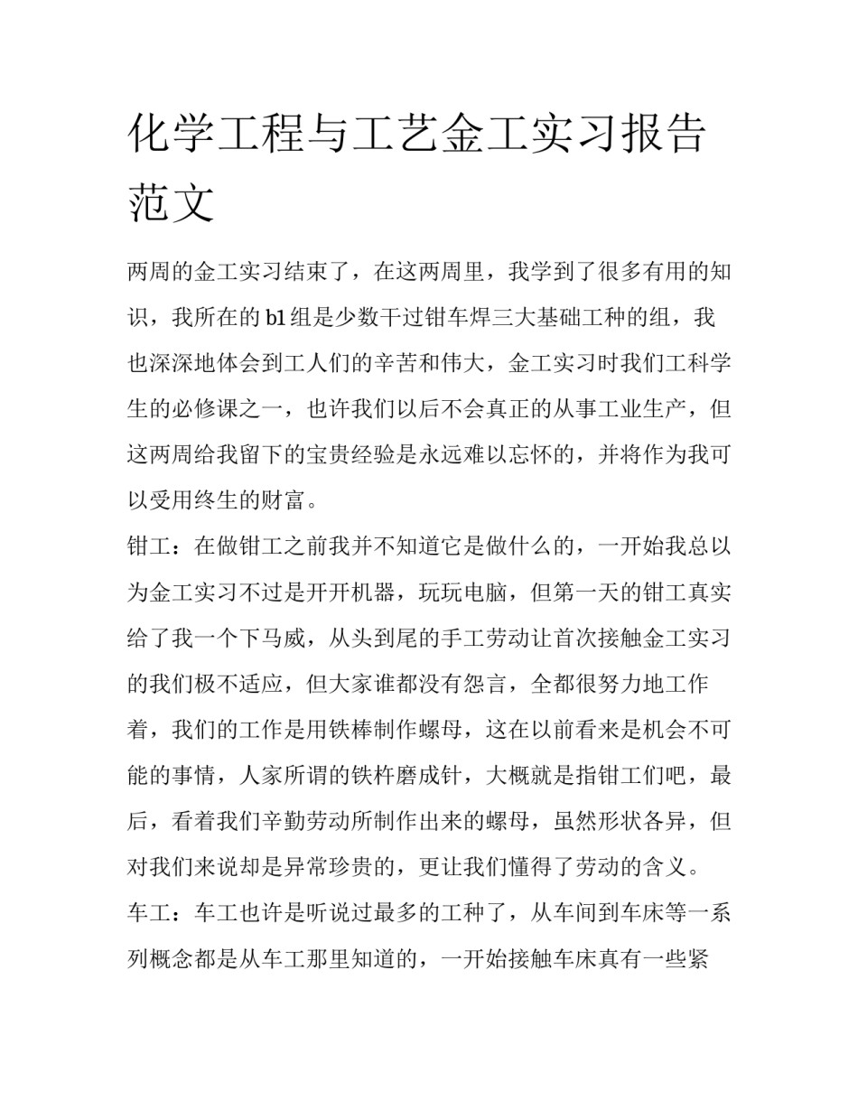 化学工程与工艺金工实习报告范文_第1页