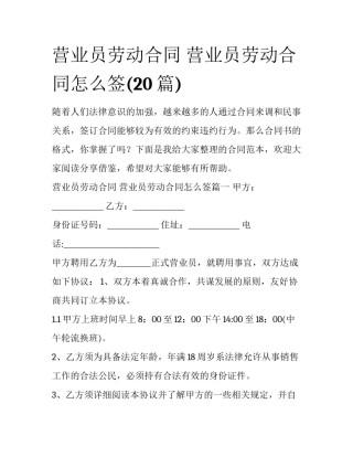 营业员劳动合同 营业员劳动合同怎么签(20篇)