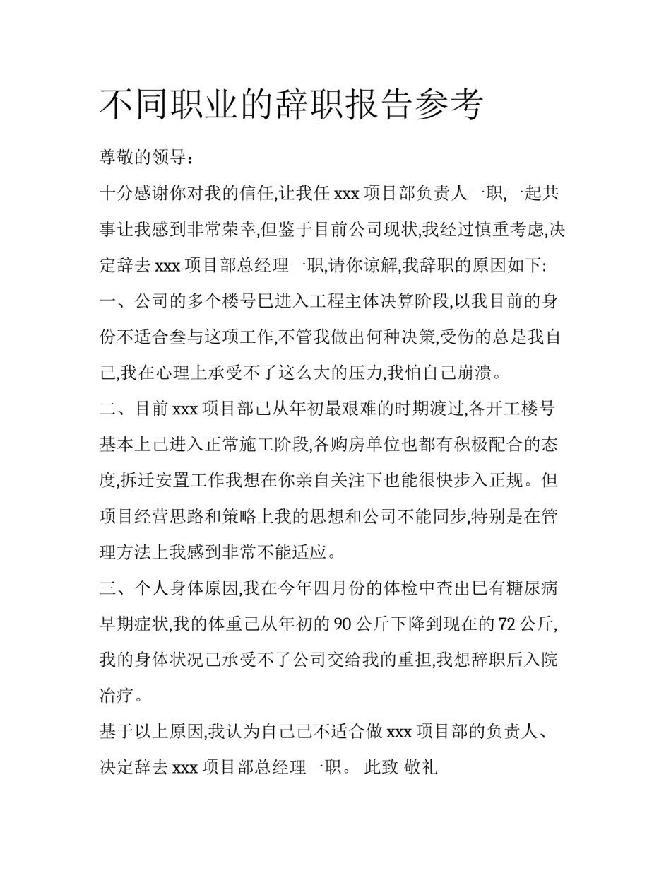 不同职业的辞职报告参考_第1页