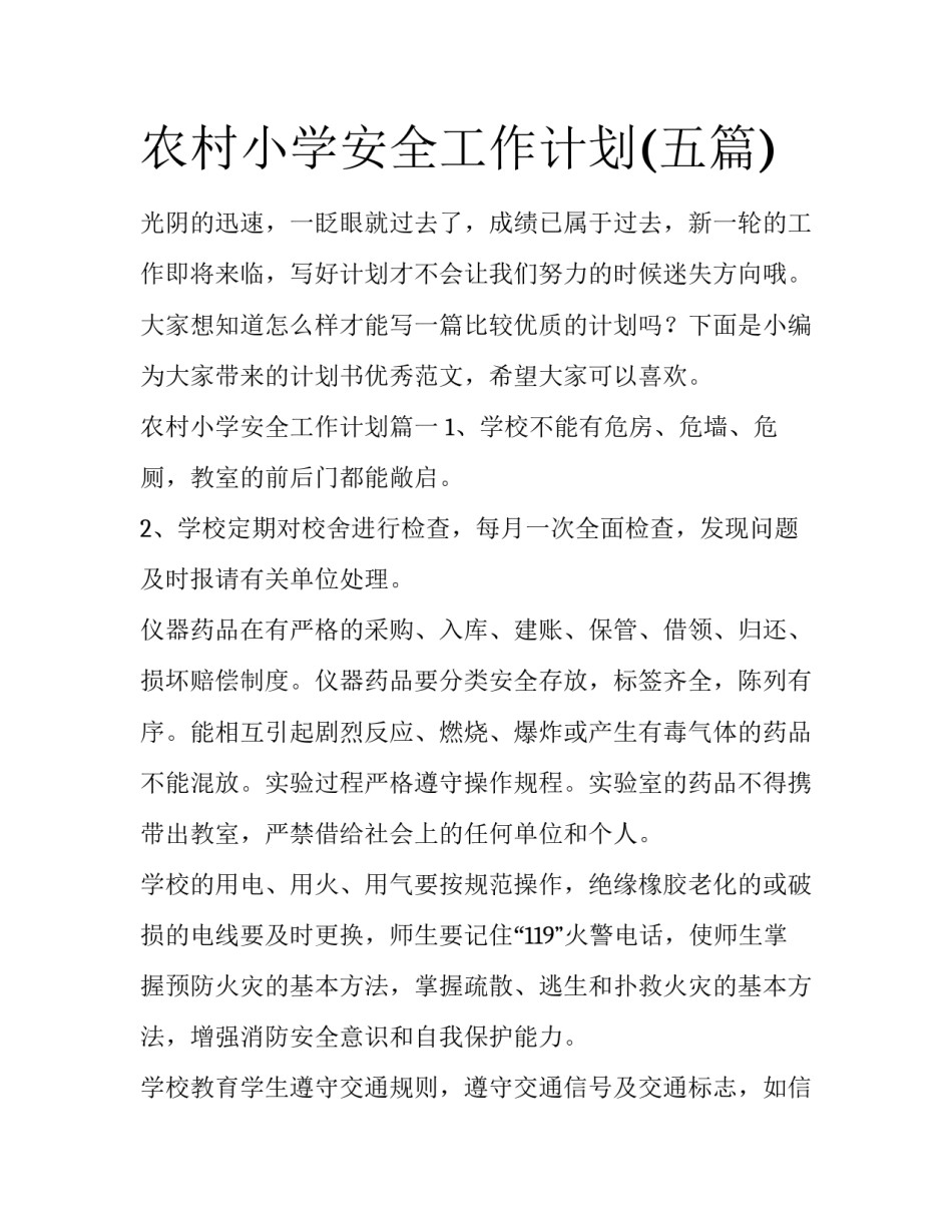 农村小学安全工作计划(五篇)_第1页