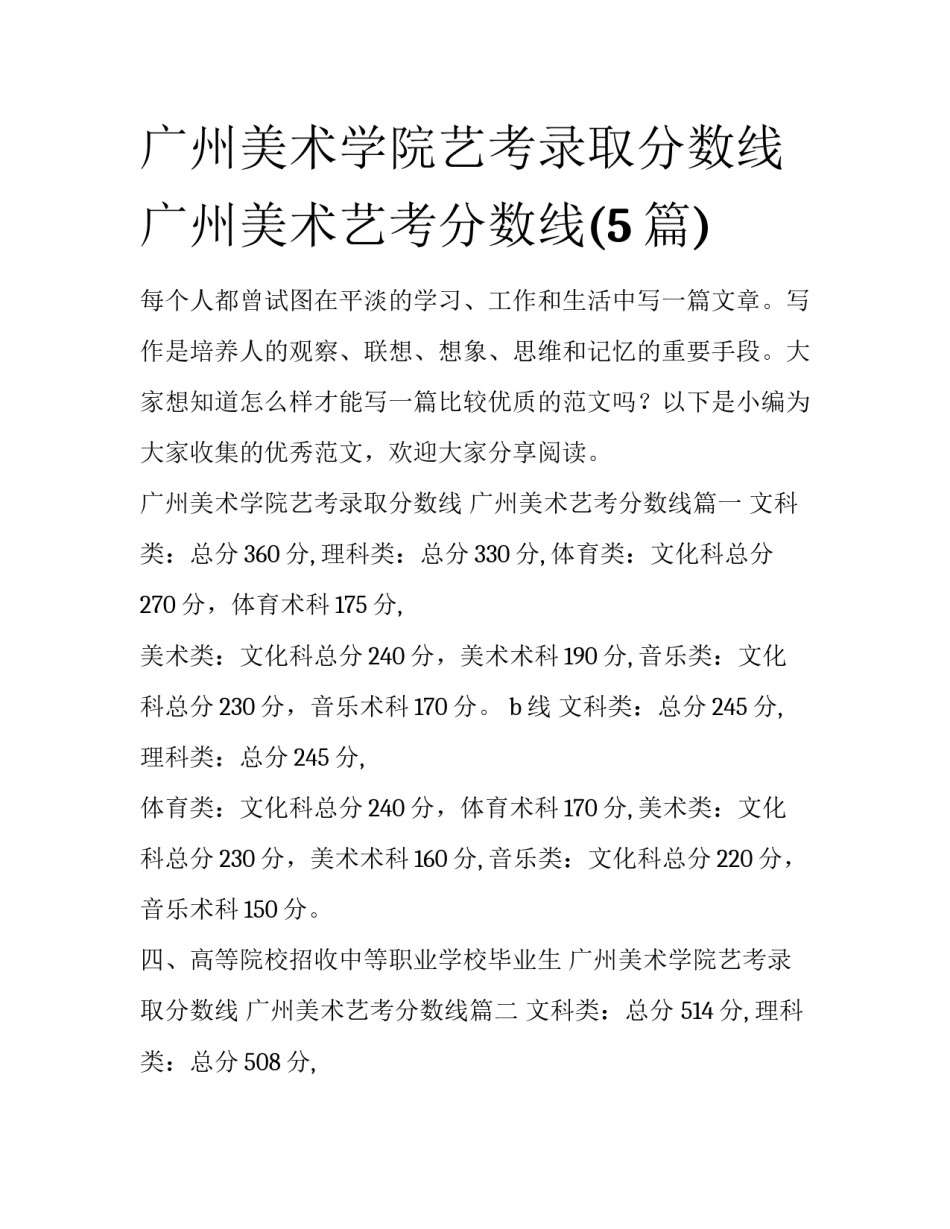 广州美术学院艺考录取分数线 广州美术艺考分数线(5篇)_第1页