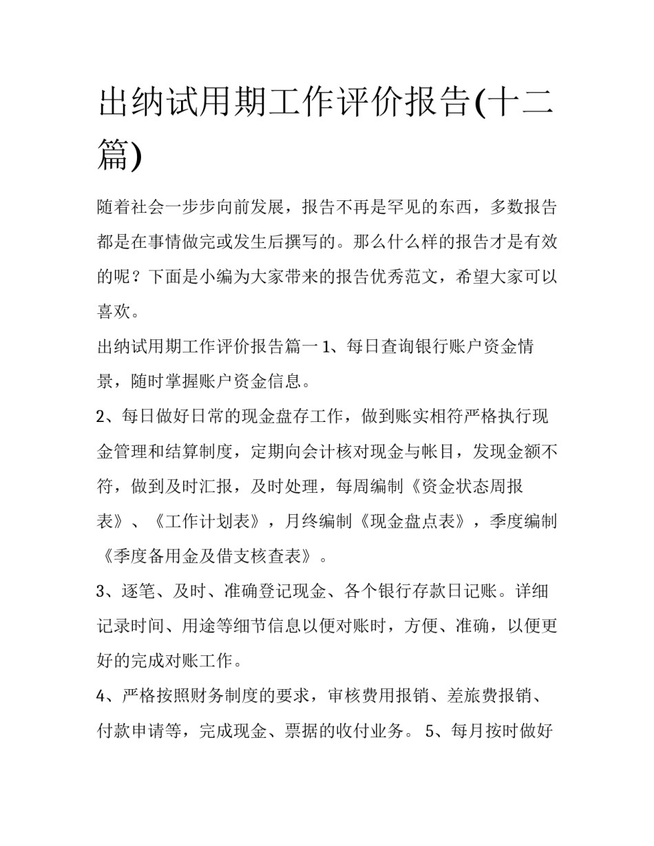 出纳试用期工作评价报告(十二篇)_第1页
