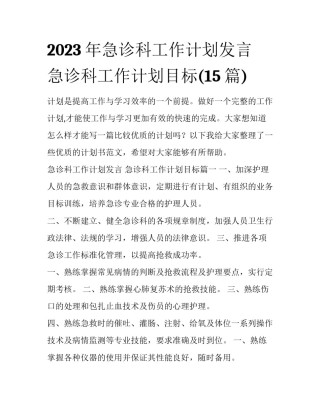 2023年急诊科工作计划发言 急诊科工作计划目标(15篇)
