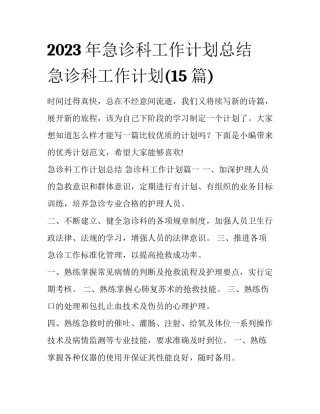 2023年急诊科工作计划总结 急诊科工作计划(15篇)