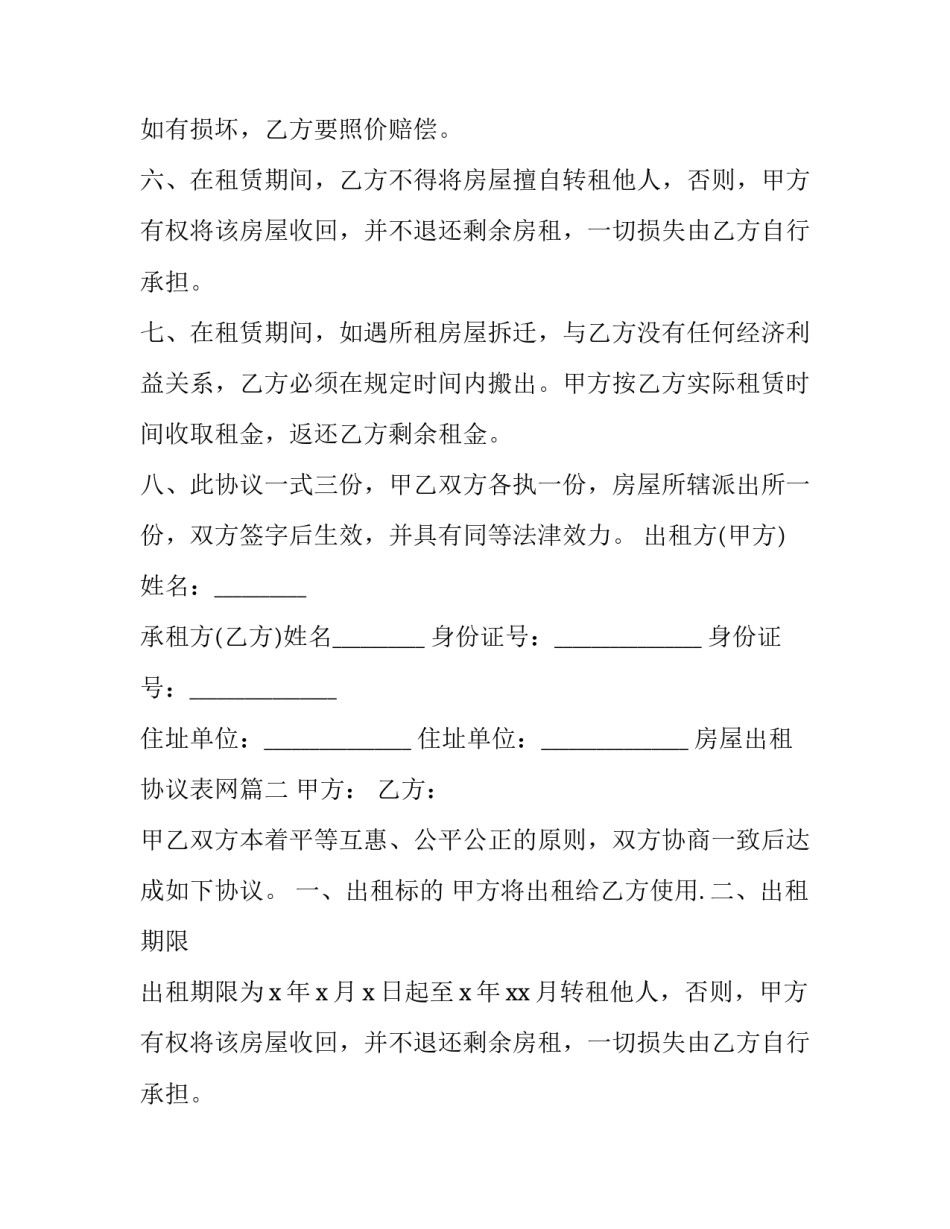 最新房屋出租协议表网 房屋出租协议(模板13篇)_第2页