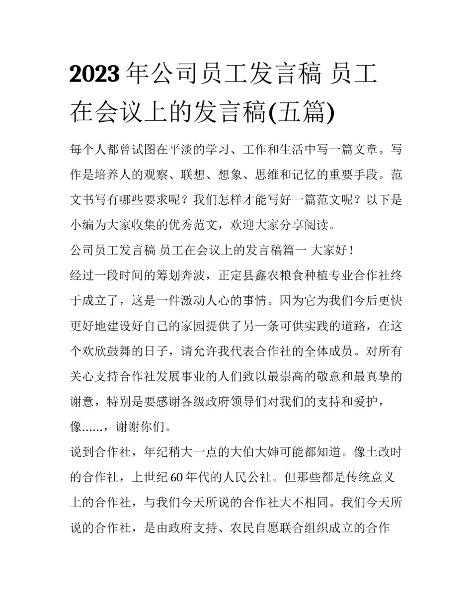 2023年公司员工发言稿 员工在会议上的发言稿(五篇)_第1页