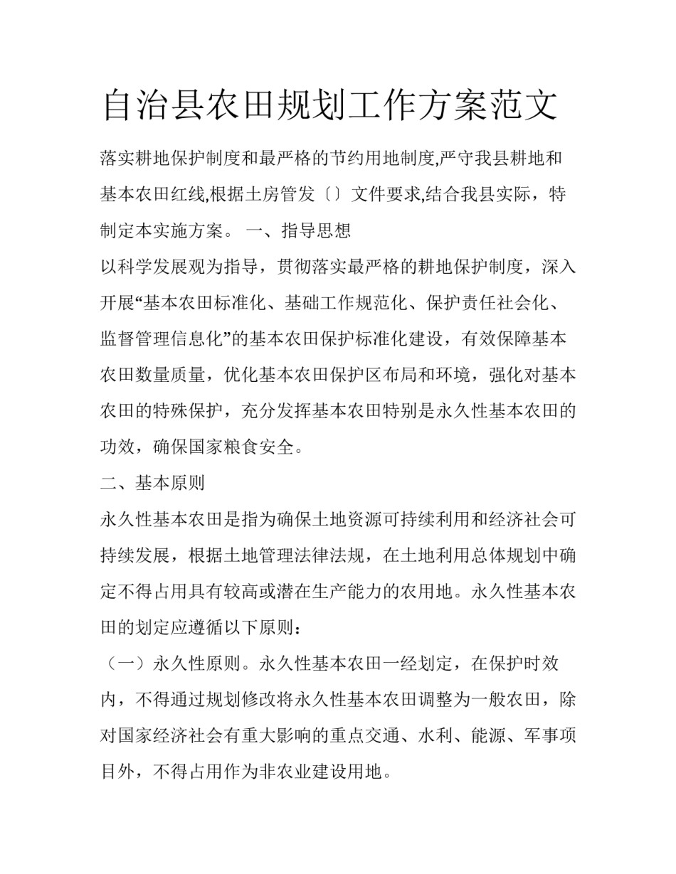 自治县农田规划工作方案范文_第1页