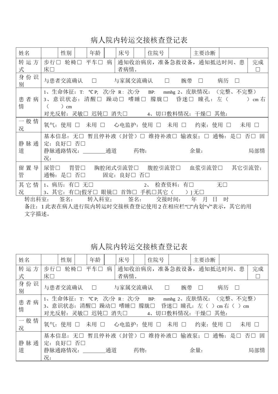 2022年医学专题—病人院内转运交接核查登记表.docx_第1页