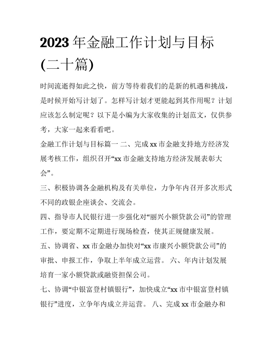 2023年金融工作计划与目标(二十篇)_第1页