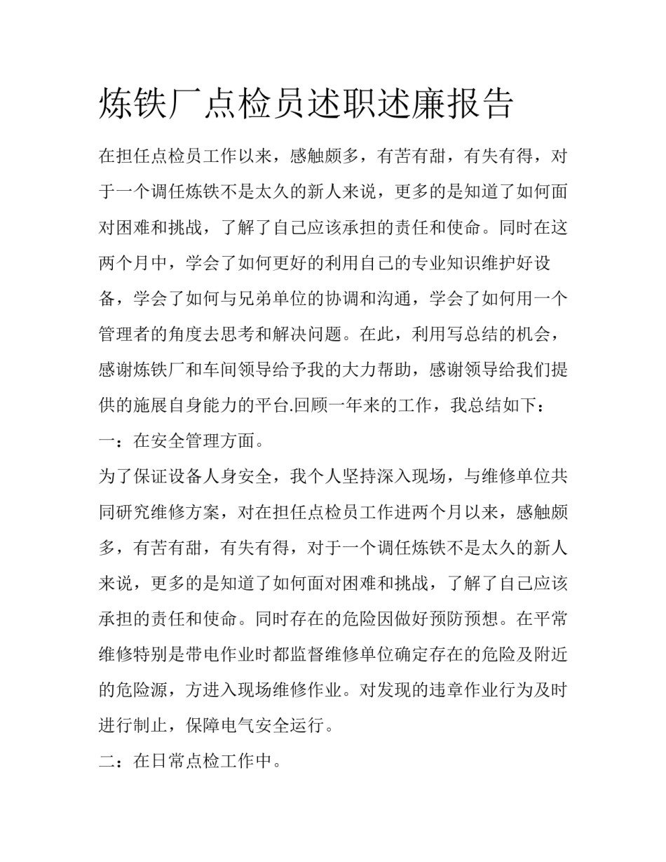 炼铁厂点检员述职述廉报告_第1页