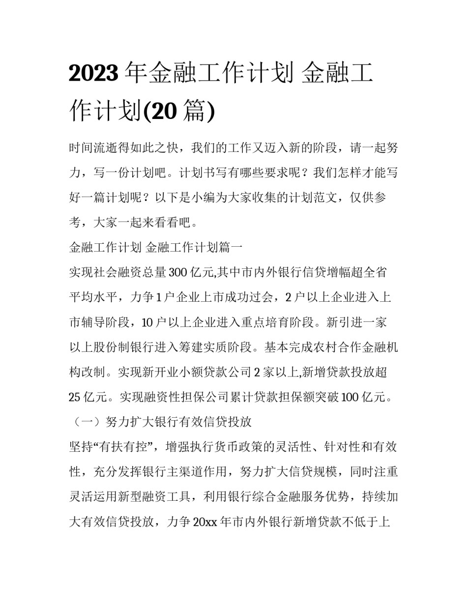 2023年金融工作计划 金融工作计划(20篇)_第1页