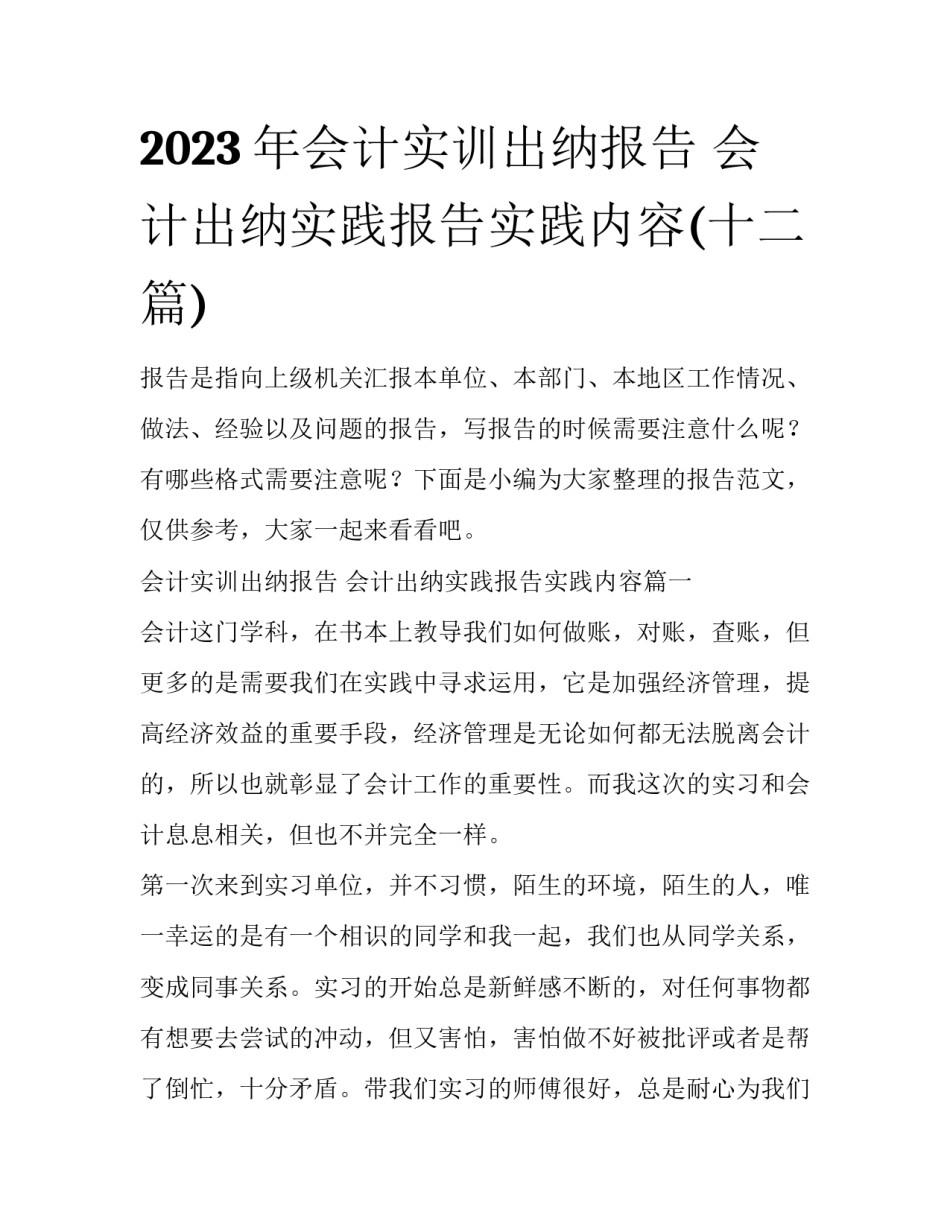 2023年会计实训出纳报告 会计出纳实践报告实践内容(十二篇)_第1页