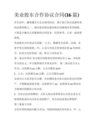 美业股东合作协议合同(16篇)