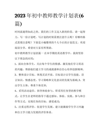 2023年初中教师教学计划表(6篇)