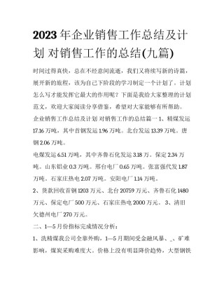 2023年企业销售工作总结及计划 对销售工作的总结(九篇)