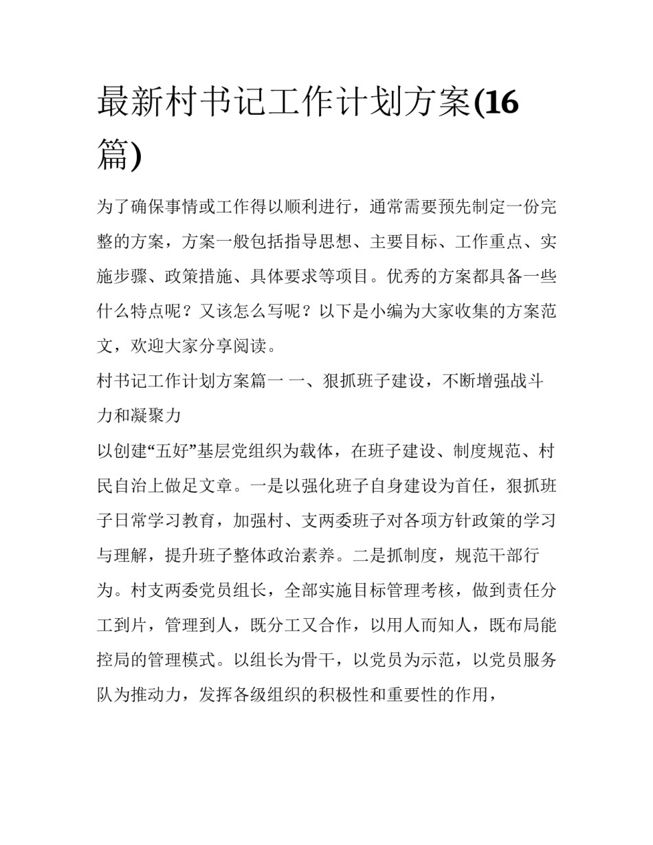 最新村书记工作计划方案(16篇)_第1页