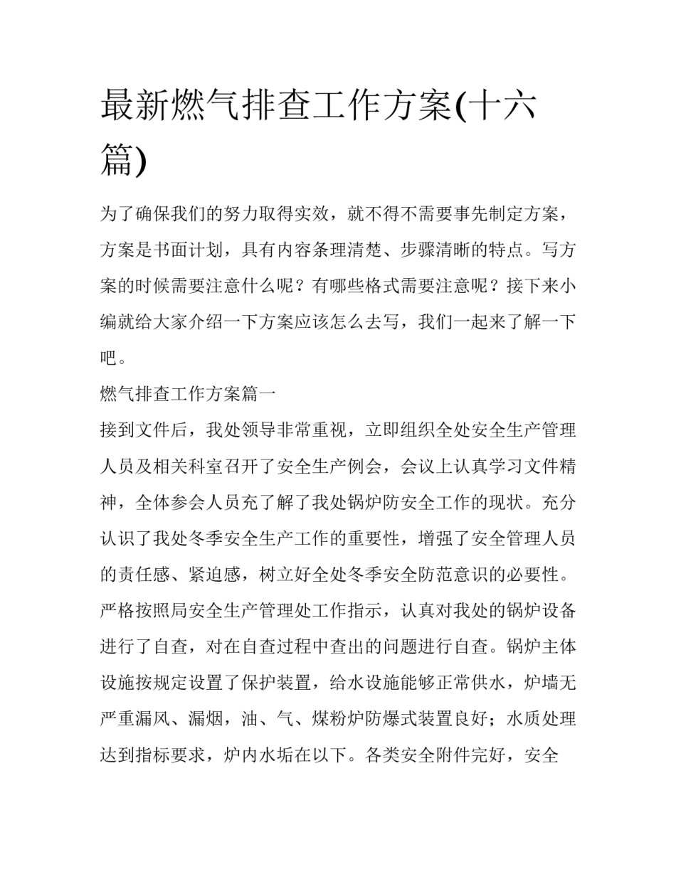 最新燃气排查工作方案(十六篇)_第1页