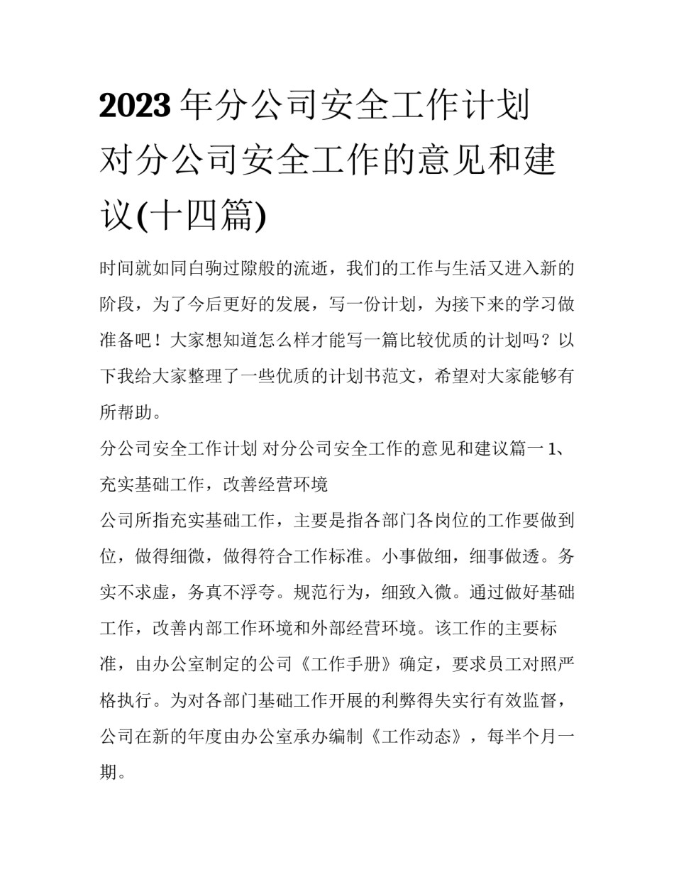 2023年分公司安全工作计划 对分公司安全工作的意见和建议(十四篇)_第1页