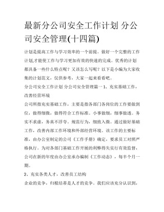 最新分公司安全工作计划 分公司安全管理(十四篇)
