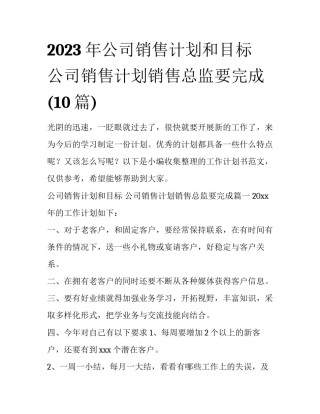 2023年公司销售计划和目标 公司销售计划销售总监要完成(10篇)