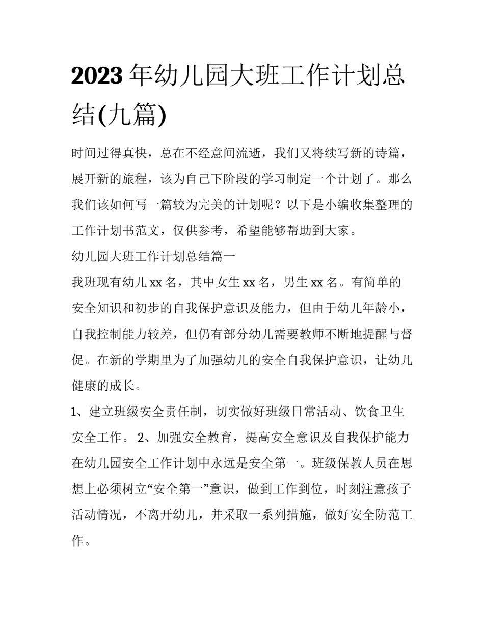 2023年幼儿园大班工作计划总结(九篇)_第1页