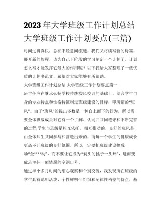 2023年大学班级工作计划总结 大学班级工作计划要点(三篇)