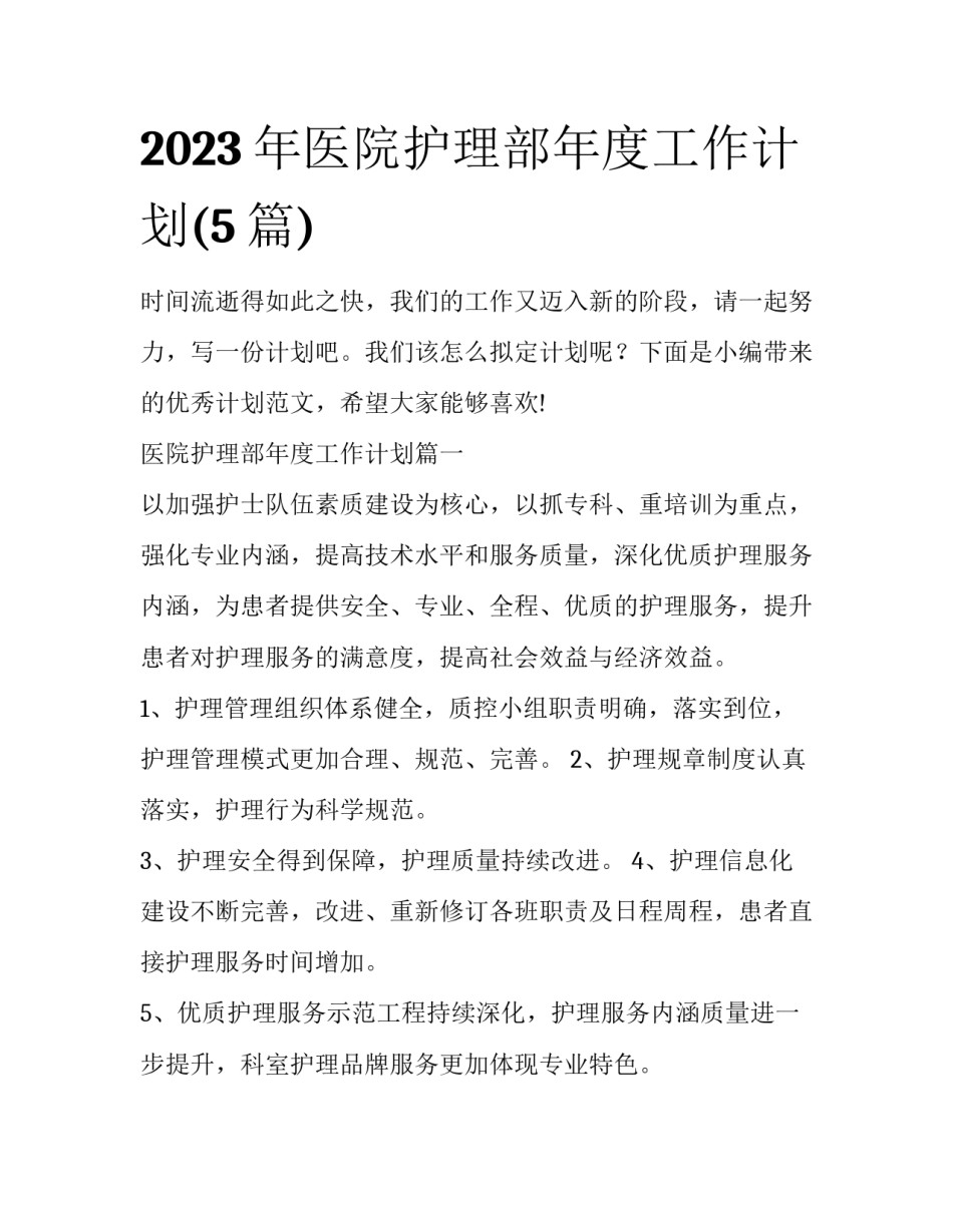 2023年医院护理部年度工作计划(5篇)_第1页