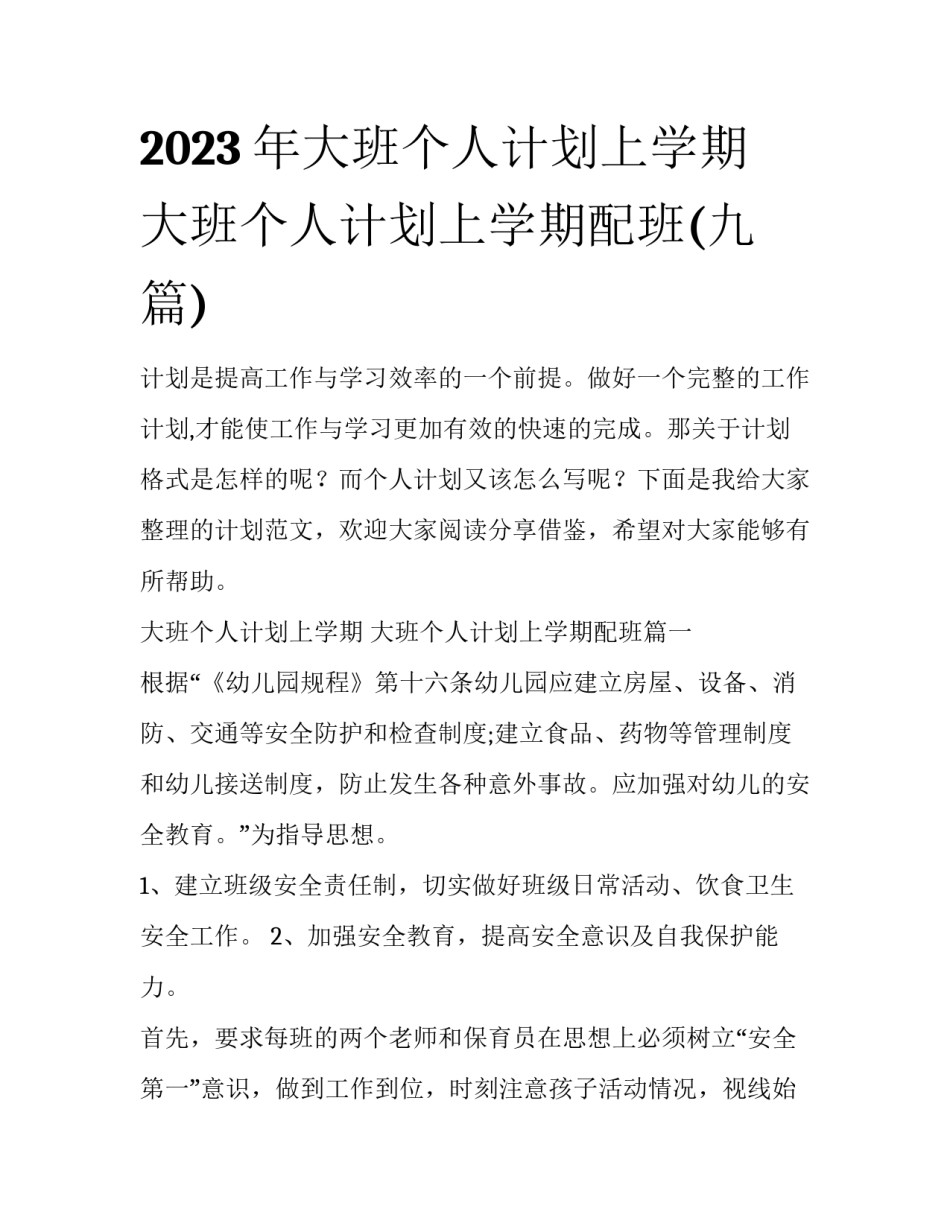 2023年大班个人计划上学期 大班个人计划上学期配班(九篇)_第1页