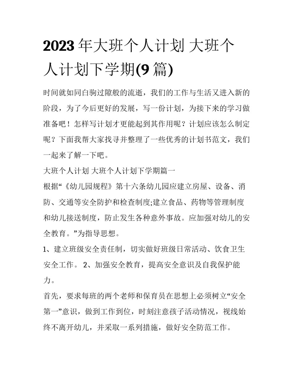 2023年大班个人计划 大班个人计划下学期(9篇)_第1页