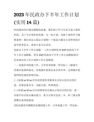 2023年民政办下半年工作计划(实用14篇)