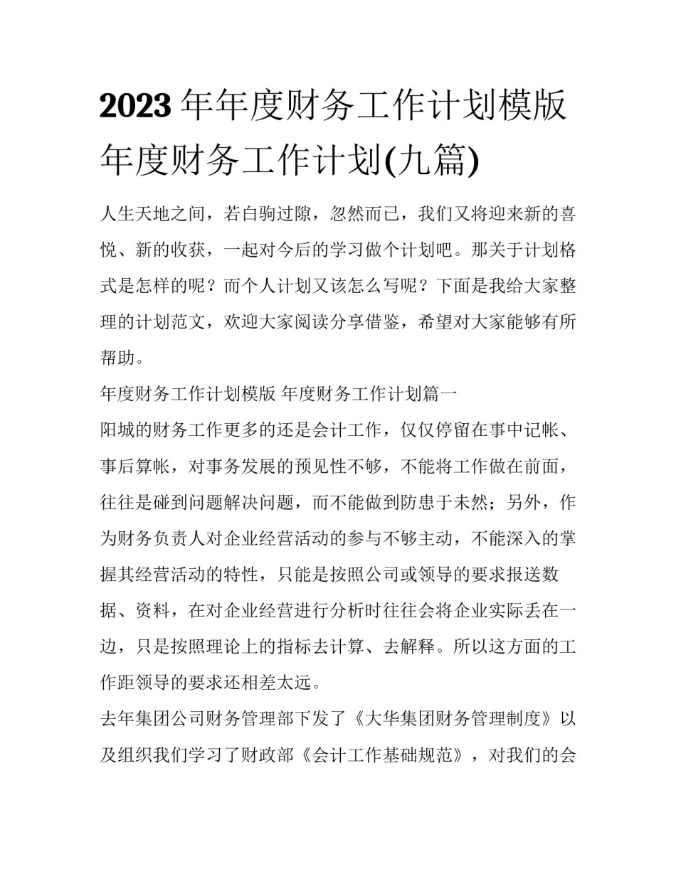 2023年年度财务工作计划模版 年度财务工作计划(九篇)_第1页