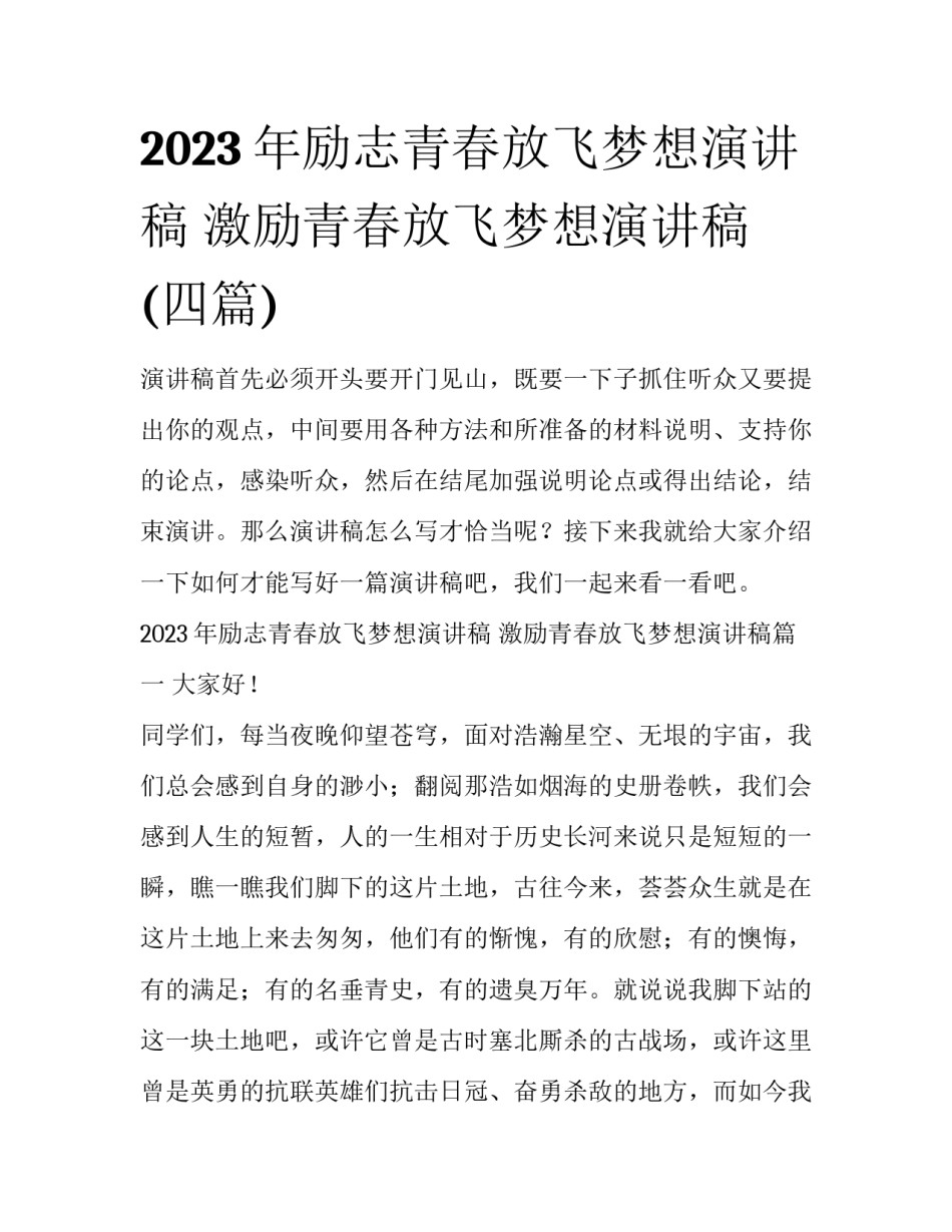 2023年励志青春放飞梦想演讲稿 激励青春放飞梦想演讲稿(四篇)_第1页