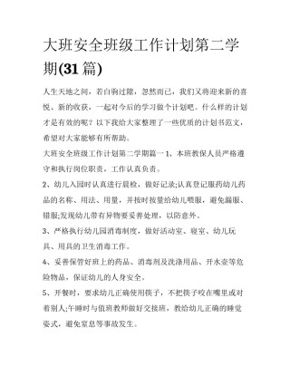 大班安全班级工作计划第二学期(31篇)